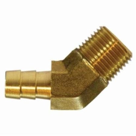 MIDLAND METAL Elbow, 45 deg Elbow, 12 x 38 Nominal, Hose Barb x MIP, 150 psi, 40 to 160 deg F, Brass, 1 x 088 32114